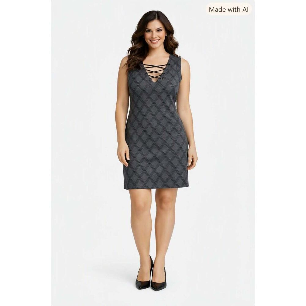AGB Sleeveless Dress Gray Black Diamond Lace Up V Neck Women's Woman's Size 8